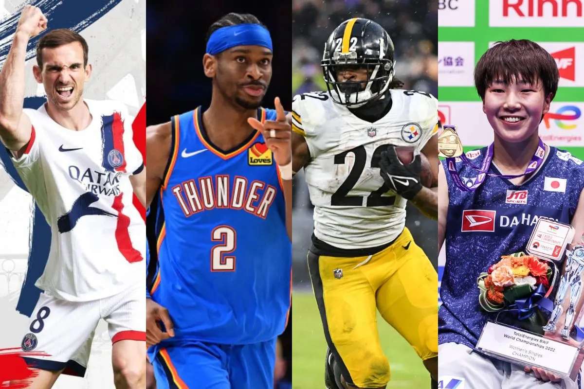 Aneka foto jersey olahraga modern mulai dari sepakbola PSG Ligue 1, basket OKC NBA, NFL American Football Steelers, dan badminton Akane Yamaguchi