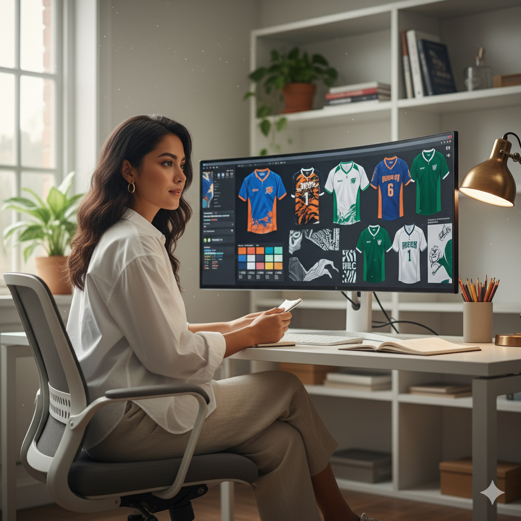 An Indonesian woman sitting on a working chair looking into personal computer visualizes sport jersey mockup prototype