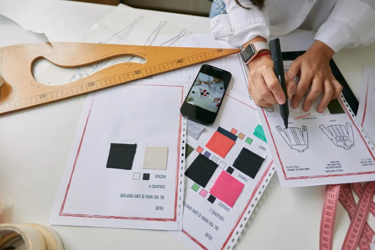 perancang busana sedang membuat sketsa desain dengan katalog kain