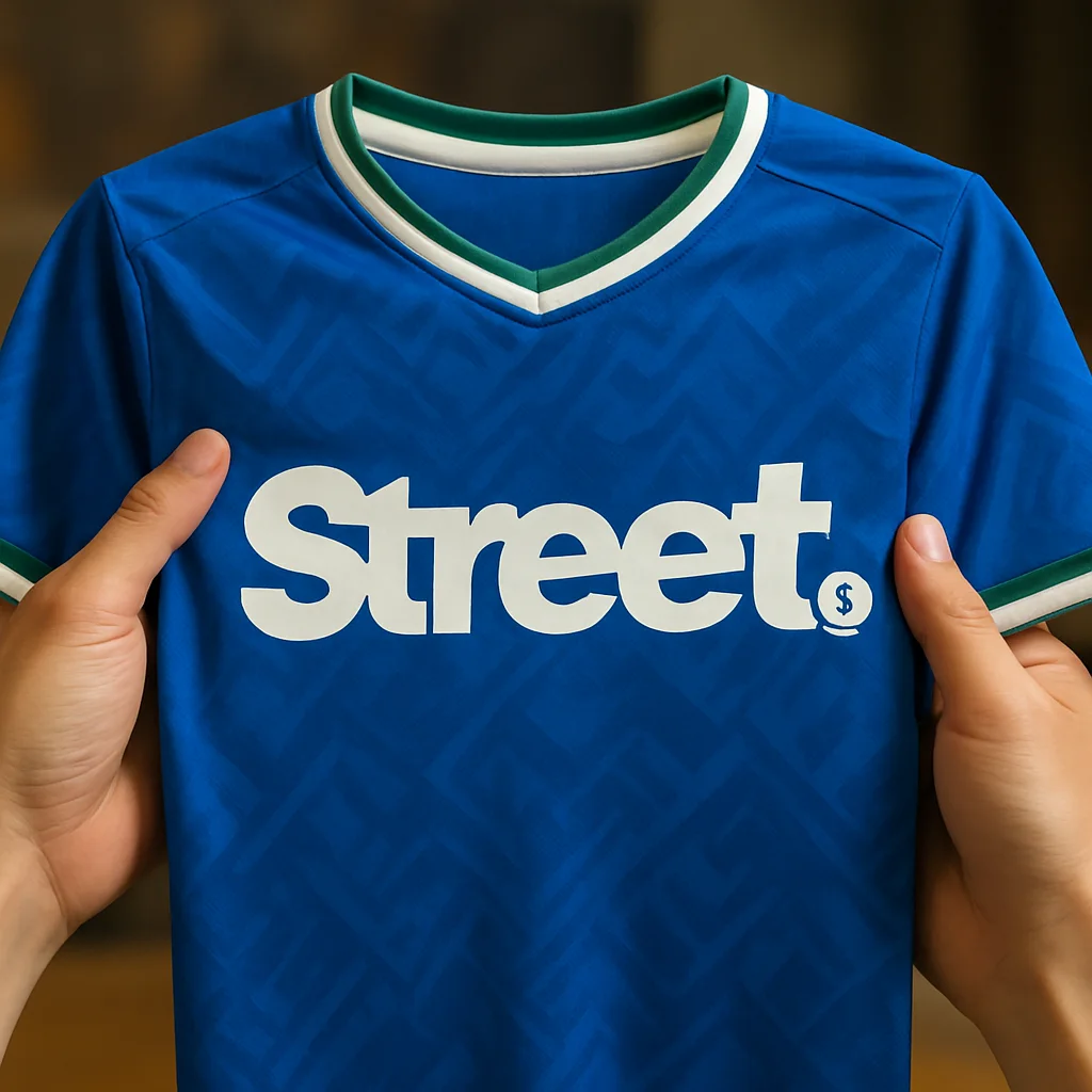 Ilustrasi tangan manusia menggenggam jersey berwarna biru dengan sablon putih bertuliskan Street