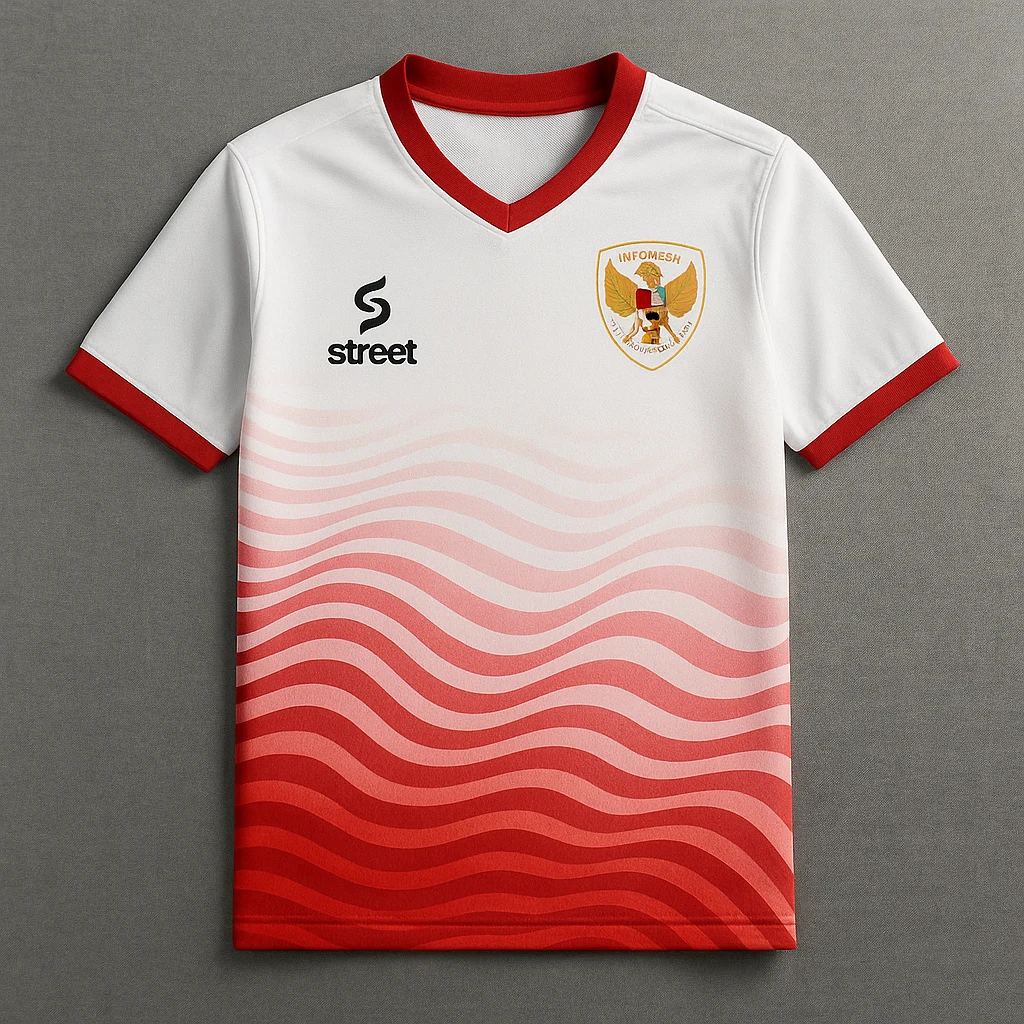 Hasil akhir desain jersey merah-putih ombak generate images AI ChatGPT Image Aug 15, 2025, 06_36_24 PM