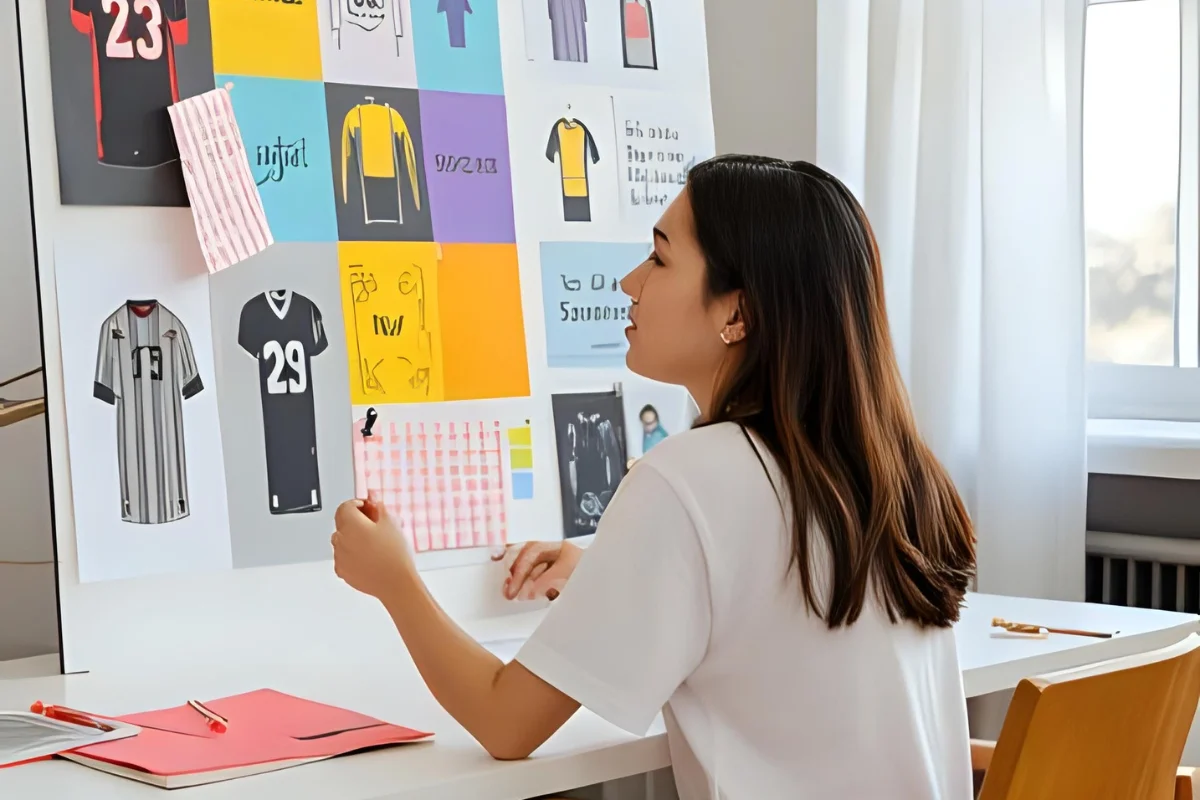 Wanita Indonesia bekerja merancang desain jersey menggunakan moodboard sambil duduk di meja kerja