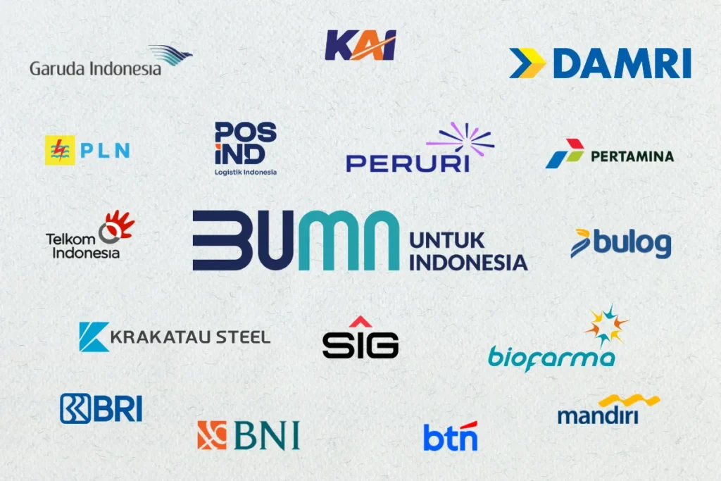 Kumpulan logo BUMN mulai dari Garuda Indonesia, KAI, DAMRI, PLN, POS IND, PERURI, Pertamina, Telkom, Bulog, Krakatau Steel, SIG, Biofarma, BRI, BNI, BTN, dan Bank Mandiri