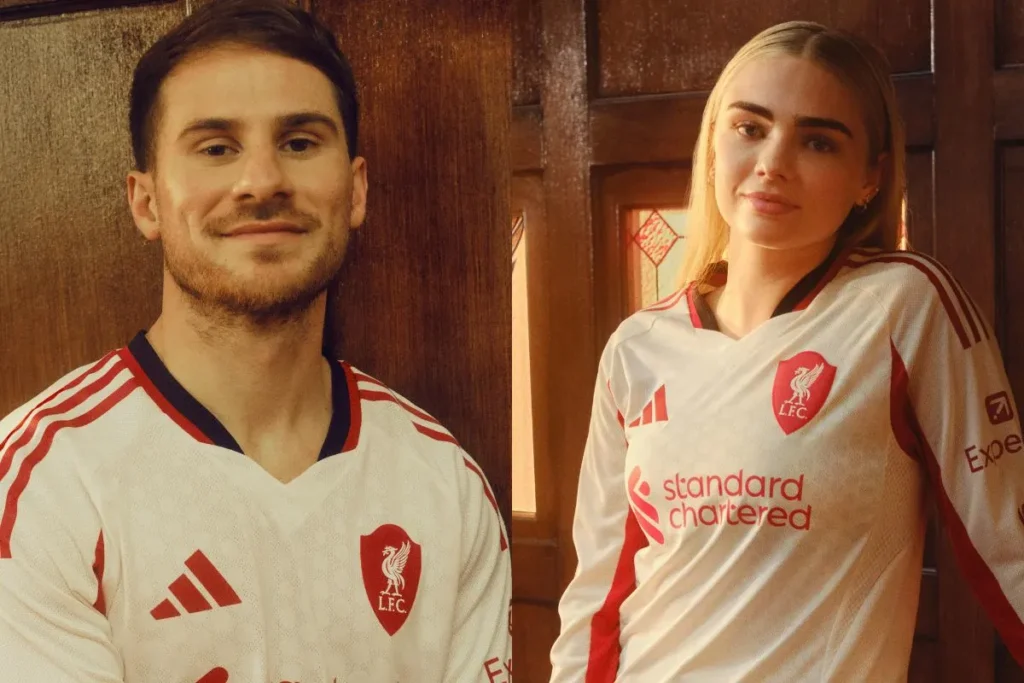 Alexis Mac Allister and Sofie Lundgaard Liverpool FC away jersey long sleeves