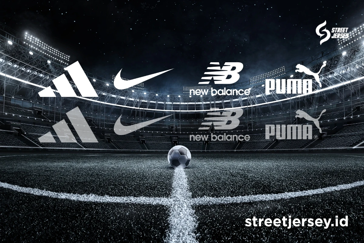 Logo Adidas, Nike, New Balance, Puma dalam stadion megah di malam hari