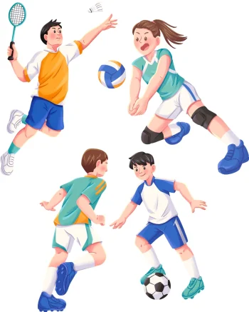 male badminton player alongside woman volleyball player above two boys playing football